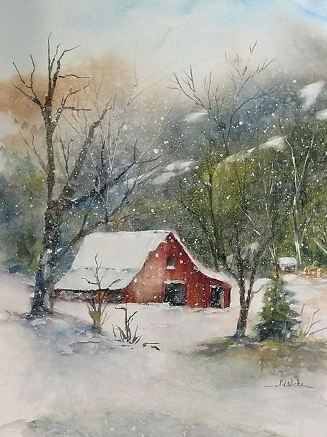 Watercolor Barns, Snow Landscape, Winter Landscape Painting, Barn Painting, Young Art, Winter Watercolor, Winter Painting, 수채화 그림, Watercolor Landscape Paintings