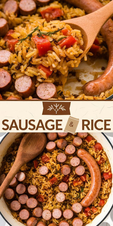 This Sausage and Rice recipe is a flavorful, one-pot wonder! Juicy sausage, tender rice, and savory seasonings make for an easy and delicious weeknight dinner. Spanish Rice With Sausage, Chicken Sausage With Rice, Italian Sausage And Rice Recipes, Dirty Rice Recipe With Sausage, Instant Pot Smoked Sausage, Smoked Sausage Dinner Recipes, Sausage And Rice Recipes, Italian Sausage And Rice, Sausage Ideas