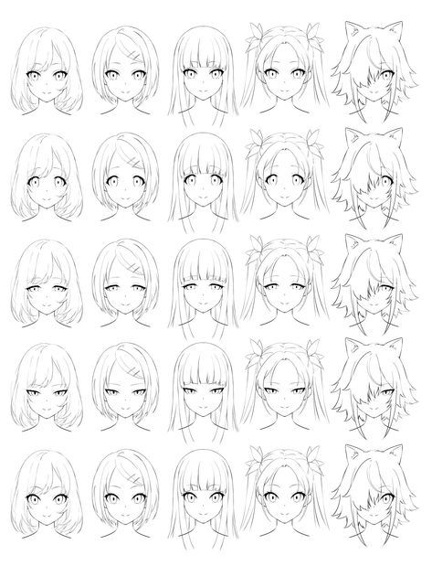 Straight Hair Anime Drawing, Anime Hairstyles No Bangs, Short Hair Drawing Reference Front View, How To Draw Anime Hair Female, Anime Female Short Hairstyles, How To Draw Female Face Anime, Anime Hair Reference Front View, Female Hair Drawing Reference Front View, Anime Bangstyle Hair