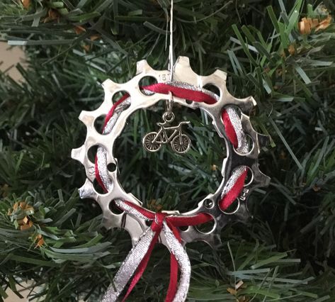 Recycled Bike Parts, Upcycled Bike, Cyclist Gifts, Burlap Gift Bags, Ornament Hanger, Wreath Ornament, Bike Gift, Starbucks Gift Card, Bike Gear