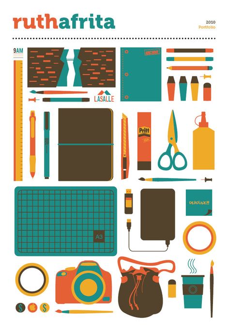 2010 Portfolio on Behance Graphic Design Stationary, School Supplies Illustration, Sustainability Illustration, Designer Essentials, Minimalist Graphic Design, Flyer Design Inspiration, Type Illustration, Diy School Supplies, Supply List