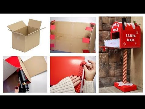 Christmas Letter Box Diy, Diy Cardboard Mailbox Ideas, Xmas Mailbox Ideas, Letter To Santa Box Diy, How To Make A Cardboard Mailbox Diy, Santa's Post Box Diy, Santa's Mailbox Ideas, Cardboard Mailbox Diy Christmas, Mail Box Christmas Decorations Diy