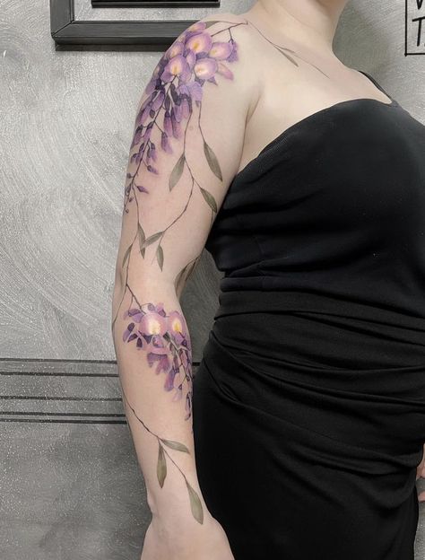 Wisteria Tattoo, Purple Tattoos, Vine Tattoos, Leg Tattoos Women, Cherry Blossom Tattoo, Blossom Tattoo, Celebrity Tattoos, Elegant Tattoos, Feminine Tattoos