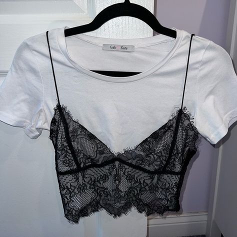 GAB&KATE WHITE TSHIRT WITH BLACK LACE TANK ATTACHED. Black Tank Over White Shirt, White Shirt With Black Tank Top, Black Lace Cami Outfit, Lace Cami Outfit, Lace Tank Tops Outfit, Black Lace Top Outfit, Masc Fits, Black Lace Cami Top, Black Coquette