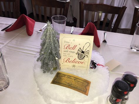 Polar Express Centerpieces, Polar Express Table Centerpieces, Polar Express Centerpiece Ideas, Polar Express Table Decorations, Polar Express Theme Table, Polar Express Hot Chocolate Bar, Polar Express Themed Christmas Party, Polar Express Dinner, Polar Express Themed Dinner