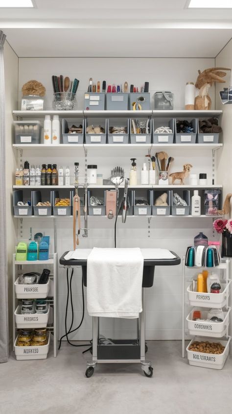 Achieve a professional look with these dog grooming organization ideas. Perfect for any Dog Grooming Shop and Pet Grooming Salon. #DogGrooming #ProfessionalLook #Organization Dog Grooming Room Ideas, Home Dog Grooming Station, Dog Grooming Organization, Dog Grooming Aesthetic, Small Dog Grooming Salon, Grooming Organization, Home Dog Grooming Salon Ideas, Dog Salon Ideas Interior Design, Salon Shop Ideas