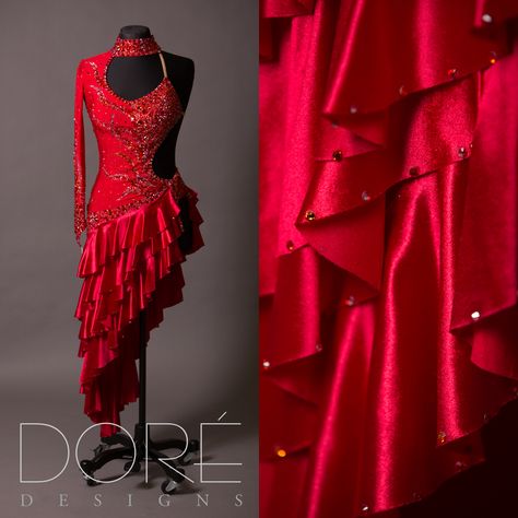 Red One Shoulder Latin w/ Appliques & Asymmetric Layered Skirt Red Ballroom Dresses, Rumba Dress, Freestyle Dance Costumes, Dancesport Costume, Rumba Dresses, Modern Dance Costume, Double Layer Skirt, Dance Style Outfits, Dance Costumes Dresses