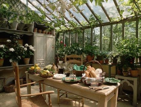 Green House: Garden Room Dining... | From Moon to Moon | Bloglovin’ Greenhouse Kitchen, Greenhouse Frame, Conservatory Greenhouse, Home Greenhouse, Greenhouse Plans, Bohemian House, Diy Greenhouse, Garden Greenhouse, Have Inspiration