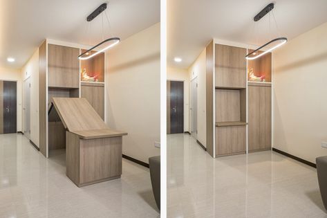 From a mini walk-in wardrobe to an innovative pull-out table, this small flat gets a major boost in functionality and space with multiple clever design solutions by AP Concept. Smart Solutions Small Apartment, Small House Uk, Roof Room, Hidden Desk, Kitchen Arrangement, Diy Space Saving, Interior Minimal, Room Styling, Space Saving Bathroom