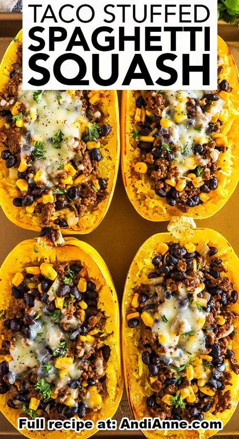 This taco-stuffed spaghetti squash recipe forks over the most beloved taco flavors: beef, corn, taco, cilantro, and cheese, all packed inside a juicy and mildly sweet spaghetti squash bowl. Squash Bowl, Sweet Spaghetti, Spaghetti Squash Recipes Healthy, Spaghetti Squash Recipes Easy, Stuffed Spaghetti Squash, Spaghetti Squash Recipe, Corn Taco, Healthy Eating Meal Plan, Cheap Easy Meals