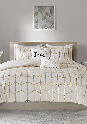 Intelligent Design Raina Ivory and Gold Comforter Set | belk White And Gold Bedding, Gold Comforter Set, Gold Comforter, Gold Bedroom Decor, Gold Bedroom, Print Comforter, Queen Comforter Sets, Intelligent Design, Queen Comforter