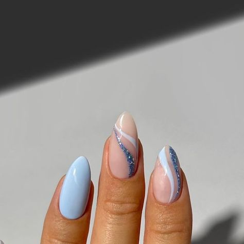 Pale Blue Nail Designs, Pale Blue Nails With Design, Light Blue Sparkling Nails, Light Blue Opal Nails, Blue Nails With Accent Nail Sparkle, Pale Blue Nails, Pale Blue Sparkle Nails, Nailinspo Nailart, Blue Nail Art Designs