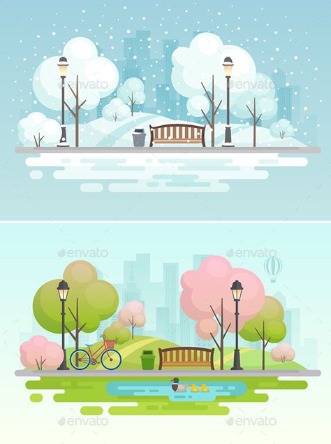 City Park Flat City Illustration, City Park Illustration, Flower Body Art, Park Illustration, Spring In The City, Tattoos Rose, City Life Photography, 심플한 그림, Geometric Shapes Art