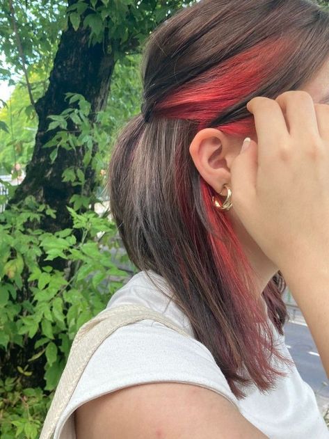 Brunette With Red Streaks, Under Dyed Hair Red And Brown, Dyed Hair Red And Brown, Half Dyed Red Hair, Red Peekaboo Brown Hair, Half Brown Half Red Hair Underneath, Red Hair Bottom Layer, Brown Hair With Red Peak A Boo, Under Hair Dye Red And Brown