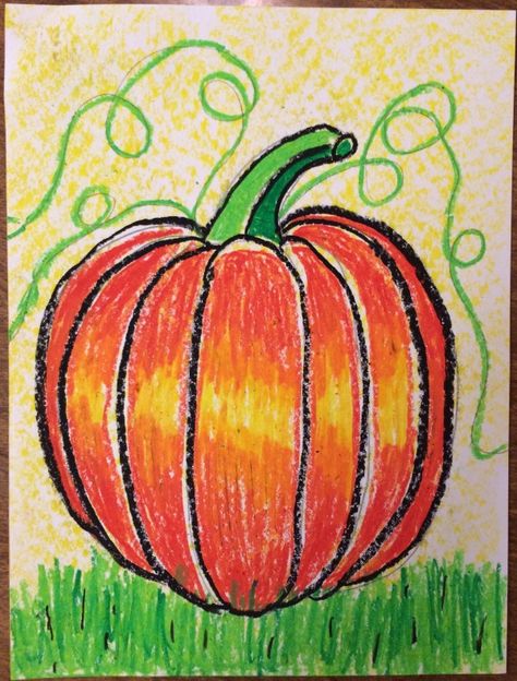 First Grade Art: "Oiled" Oil Pastel Pumpkins | Denette Fretz Giraffe Pumpkin, Pumpkin Art Project, Halloween Art Lessons, Art Club Projects, Pastel Pumpkins, 4 H Club, First Grade Art, Used Oil, Halloween Art Projects