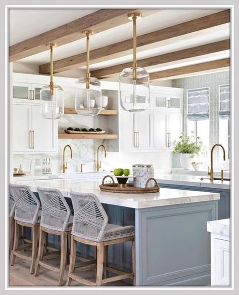 Essential Guide to Pendant Lighting: Sizing, Spacing & More Coastal Kitchen Cabinets, Coastal Kitchen Backsplash Ideas, Coastal Kitchen Backsplash, Best Kitchen Island, Blue Kitchen Designs, Blue Kitchen Island, Light Blue Kitchens, Coastal Kitchen Decor, Coastal Kitchen Design