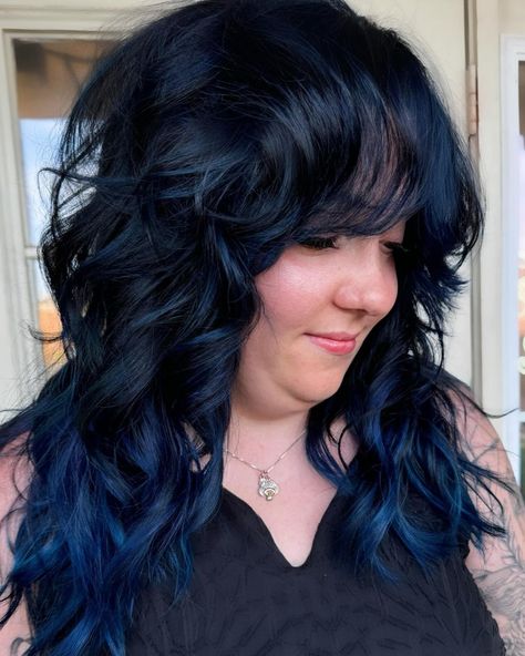 Content description: The front right side of a person who has dark, blue/black hair in a curly, shag style with blue pieces at the ends. Blue Black Hair, Pulp Riot Hair, Pulp Riot, Hair Goals, Hair Inspo, Black Hair, Blue Black, Paint, Hair Styles