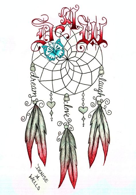 Dream Catcher tattoo by Denise A. Wells including butterfly, feathers, hanging charms, lettering and initials. Google my name for more of my tattoo designs! Dreamcatcher Drawing, Feather Ideas, Tattoo Couples, Bow Tattoo Designs, Irish Twins, Dream Catcher Tattoo Design, Butterfly Back Tattoo, Hanging Charms, Native American Tattoos