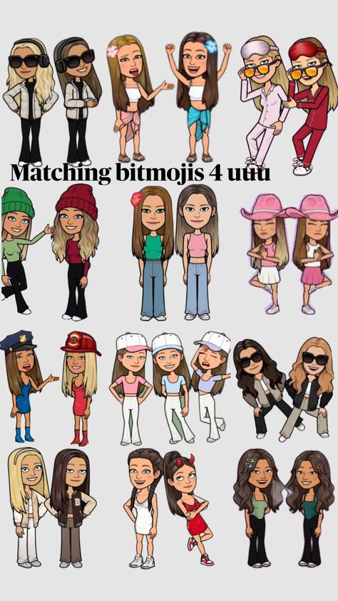 Snapchat Bitmoji Best Friends, Best Friend Matching Bitmoji Outfits Snapchat, Matching Bff Bitmoji, Two Person Bitmoji Outfits, Cute Matching Fits For Best Friends, Matching Outfits For Snapchat, Cute Matching Snapchat Outfits, Snapchat Duo Outfits, Trio Snapchat Outfits