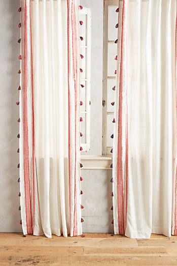 Tassels On Curtains, Curtains Anthropologie, Fun Curtains Kids, Anthropologie Embroidered Curtains, Purple Tassel Curtains, Sheet Curtains, White Drapes, Bedroom Drapes, Tassel Curtains