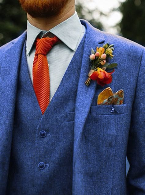 blue orange wedding suit groom boho hipster indie Scooby Doo Wedding, Blue Wedding Suit Groom, Blue Orange Weddings, Blue Groomsmen Suits, Groom Blue Suit, Fall Groom, Blue Groomsmen, Orange Wedding Themes, Dark Blue Suit