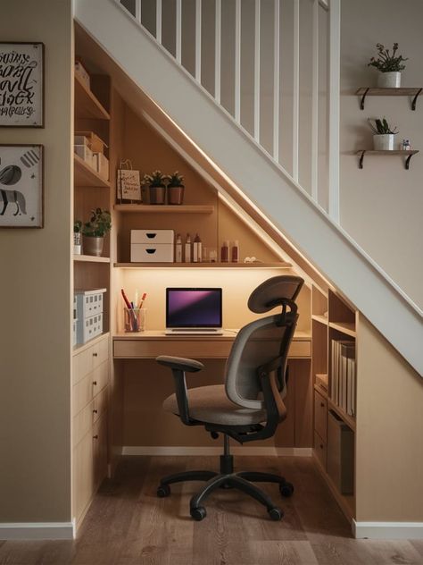 23 Under Stairs Storage Ideas – The DIY Desire Under The Stairs Office Space, Understairs Desk, Under Stairs Office Ideas, Under Stairs Desk, Built Bookshelves, Under Stairs Office, Staircase Office, Desk Under Stairs, Office Under Stairs