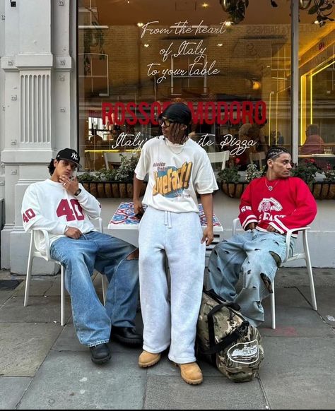 Men Group Poses, Guy Group Pictures, 90s Aesthetic Outfit Men, Trio Poses, Duo Poses, Drippy Fits, Masc Outfits, Fall Streetwear, Classy Outfits Men