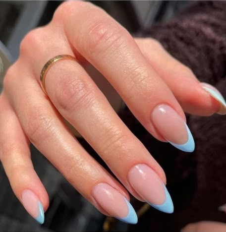 baby blue french tip Almond Nail Blue French Tip, Sky Blue French Tip Nails Almond, Almond Shape Blue French Tip, Blue Oval French Tip Nails, Purple French Tip Nails Acrylic Almond, French Nails With Blue Tips, French Nails Blue Tips, Blue Tip Almond Nails, Baby Blue French Tip Nails Almond