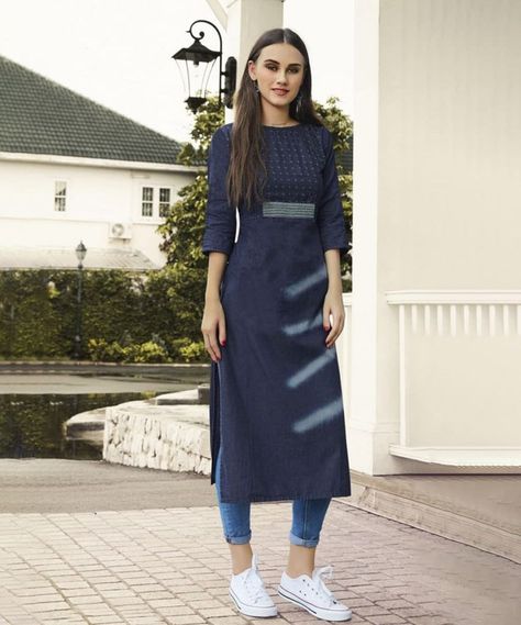 Denim Kurti, Utsav Fashion, Straight Kurta, Girl A, Faded Denim, Embroidered Denim, How To Dye Fabric, Colored Denim, New Wardrobe