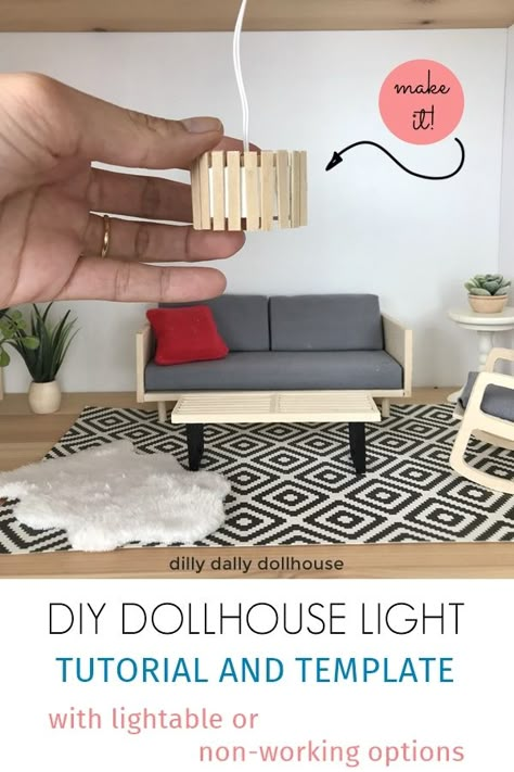 DIY dollhouse light | Tutorial | dillydallydollhouse.com Doll House Makeover, Ceiling Lights Diy, Dollhouse Makeover, Barbie House Furniture, Doll House Diy, Diy Barbie House, Dollhouse Lighting, Modern Dollhouse Furniture, Diy Lampe