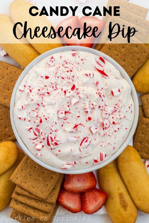 Candy cane cheesecake dip is a simple, creamy, fluffy dessert that is ready to enjoy in minutes as it combines cream cheese, sweetened condensed milk, peppermint extract, vanilla, cool whip, and crushed candy canes to create the perfect quick dessert to serve at holiday parties or while snuggled up watching a holiday movie! Cream Cheese Sweetened Condensed Milk, Candy Cane Cheesecake, Peppermint Cheesecake Dip, Cheesecake Dip Recipe, Fruit Dips Recipes, Cheesecake Dip, Quick Dessert, Cream Cheese Dips, Whipped Cream Cheese