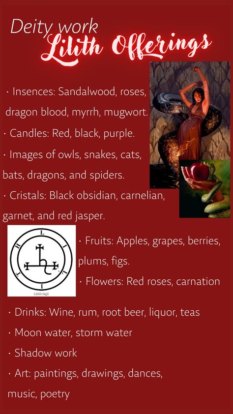 #Lilith, #witch, #deity, #sacred feminine, #dark feminine, #shadow work, #offering, #empowerment, #spiritual Lilith Goddess Correspondences, How To Connect With Lilith, Alter For Lilith, The Morrigan Offering, Lilith And Hecate, Working With Goddesses, Lilith Energy Aesthetic, Lilith Information, Dark Goddesses Deities