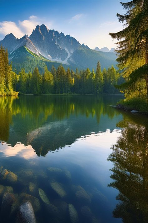 #MountainReflection #LushGreenery# Immerse yourself in the stunning beauty of a landscape where lush green trees and majestic mountains rise above crystal-clear, transparent waters. #ClearWaters #NatureBeauty #SereneLandscape #MountainViews #TranquilLake #NaturePhotography #OutdoorScenery #PeacefulNature Lush Mountains, Majestic Mountains, Rise Above, Crystal Clear Water, Green Trees, Lush Green, Mountain View, Nature Beauty, Crystal Clear