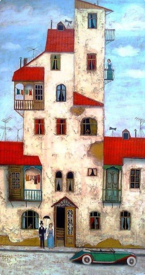 Naive Art Extraordinaire | Click on the image.. | Facebook 동화 삽화, Cottage Art, Architecture Painting, Happy House, 수채화 그림, Art Academy, Cool Landscapes, Naive Art, Urban Sketching