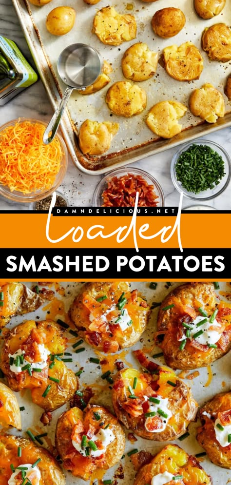 A must-have game day recipe! This party snack idea is like a loaded baked potato in bite-sized form. Topped with sour cream, bacon, and chives, these super crispy smashed potatoes are a crowd-pleaser! Save this easy appetizer recipe! Loaded Smashed Potatoes, Potato Appetizers, Crispy Smashed Potatoes, Mini Potatoes, Bowl Party Food, Loaded Baked Potatoes, Superbowl Party Food, Smashed Potatoes, Baby Potatoes