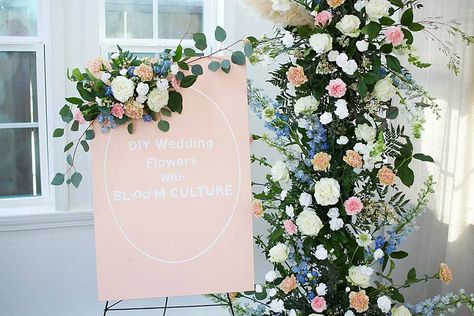 Flower Spray Wedding, Diy Floral Spray Arrangement, Diy Floral Swag For Wedding Sign, How To Attach Flowers To Wedding Sign, Diy Faux Floral Arch, Floral Swag Diy, Flower Swags Diy, Diy Floral Arch, Floral Wedding Signage