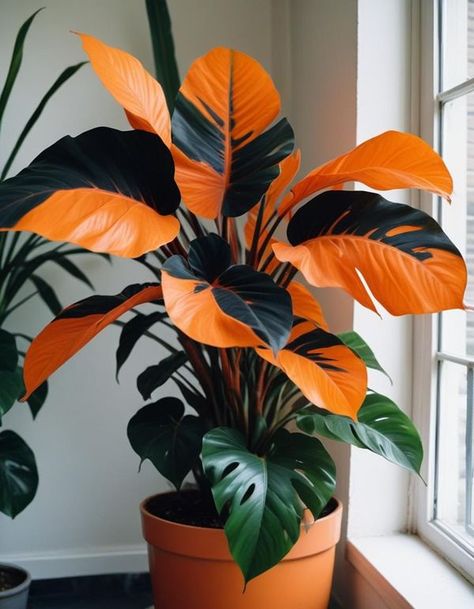 Orange Plants Indoor, Black Plant Mom Aesthetic, Plant Mom Aesthetic, Orange Plants, Leaf Art Diy, Black Plant, Amazing Plants, Goth Garden, Orange Plant