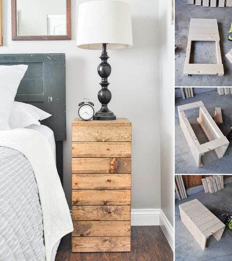 Nightstand Ideas Perfect for a Small Bedroom - Remodel Or Move Small Nightstand Ideas Diy, Nightstand Ideas Farmhouse, Tall Nightstand Ideas, Dresser Nightstand Ideas, Small Nightstand Ideas, Nightstand Ideas Diy, Bedroom Tall Dresser, L Shaped Shelves, Tall Bedside Table