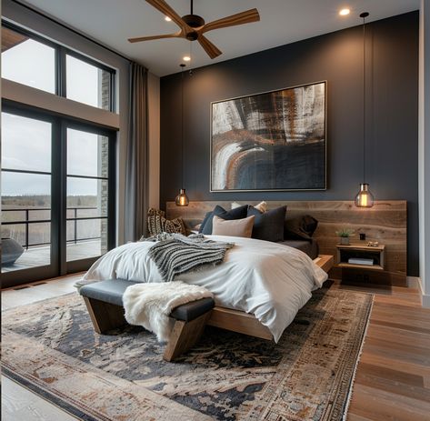 Modern Cabin Bedroom Master Suite, Dark Wood Floors Bedroom, Modern Cabin Bedroom, Muskoka Cottages, Mens Bedroom Ideas, Deluxe Bedroom, Dark Modern Bedroom, Dark Moody Bedroom, Layered Bedding