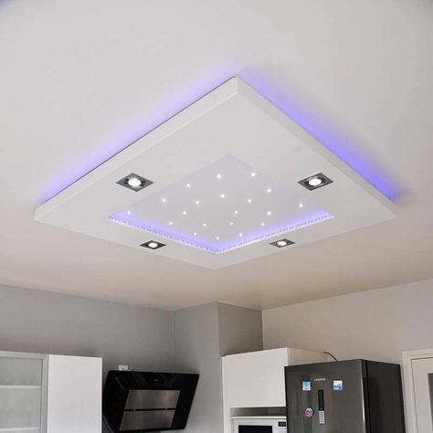 Luminaire > Eclairage d'intérieur > Plafonnier d'intérieur > Plafonnier LUMINNOV, Plafonnier LED avec 4 spots orientables 6W RGB+CCT (multicolore et blanc réglable). Ruban LED RGB+CCT 22W/m faisant le tour intérieur et extérieur, 60LED/m. Partie intérieure avec ciel étoilé, ensemble piloté via télécommande incluse (ou smartphone option WL-BOX). Structure en aluminium blanc mat - livré prêt à brancher sur réseau 220V. Idéal pour éclairer une pièce et créer une ambiance lumineuse. Montage Bedroom False Ceiling Design, False Ceiling Design, Led Spot, False Ceiling, Fashion Lighting, Drywall, Home Construction, Rgb Led, Ceiling Design