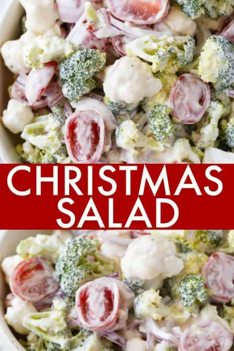 Christmas Salad - Contains all the colors of Christmas! This fresh, bright salad is made with broccoli, cauliflower, red onion and cherry tomatoes mixed with a creamy dressing. Christmas Salad Recipes, Christmas Salad, Salad Kale, Christmas Salads, Creamy Dressing, Cold Salad, Broccoli Cauliflower, Veggie Salad, Salad Side Dishes