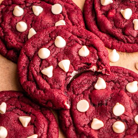 Red Velvet Cookies - In Bloom Bakery Red Velvet Cookie Recipe, Red Snacks, Soften Brown Sugar, Chocolate Chip Cookie Brownies, Chocolate Thumbprint Cookies, Chewy Gingerbread Cookies, Red Velvet Recipes, Christmas Cookie Box, Velvet Cookies