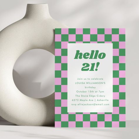 21st Birthday Party, Text Template, 21st Birthday Invitations, Colorful Aesthetic, Birthday Party 21, Checkerboard Pattern, Pink Parties, Birthday Design, Birthday Party Invitation