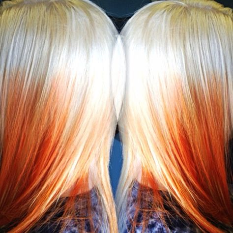 Platinum Blonde with Orange Ends Hair With Orange Ends, Orange To Blonde Hair, Fire Hair Color, Fire Hair, Hair Color Crazy, Blonde Roots, Short Blonde, Short Blonde Hair, Orange Hair