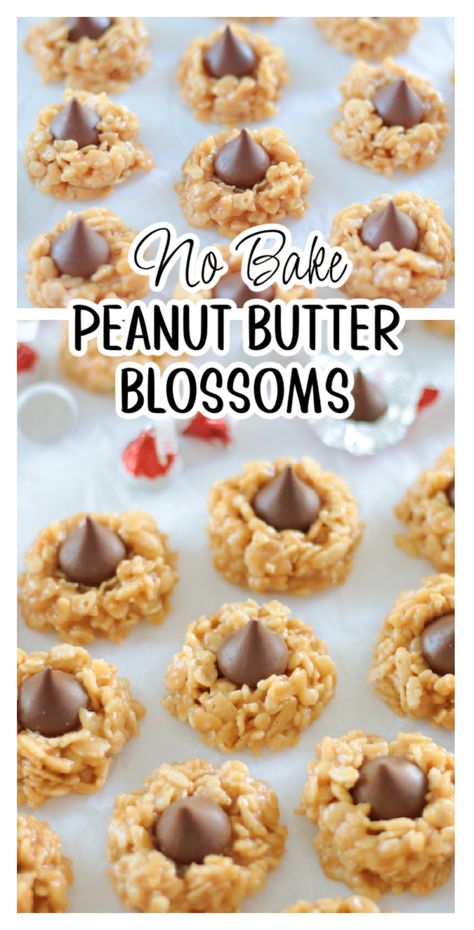 No Bake Peanut Butter Blossoms Cookies With Rice Krispies, Peanut Butter Kiss Cookies Recipe, Peanut Blossom Cookies, Fruity Pebbles Treats, Peanut Butter Blossoms Recipe, Peanut Butter Rice Krispies, Peanut Butter Blossom, Peanut Butter Kiss, Peanut Butter Kiss Cookies