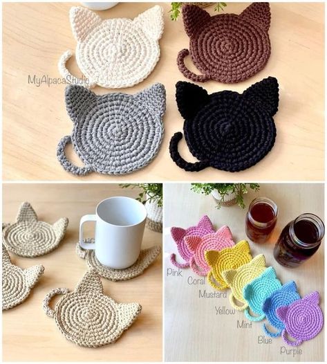 Crochet Cat Coaster, Crochet Kitty, Cat Coasters, Crochet Coaster Pattern, Crochet Kit, Crochet Coasters, Crochet Cat, Free Crochet Patterns, Crochet Toys Patterns