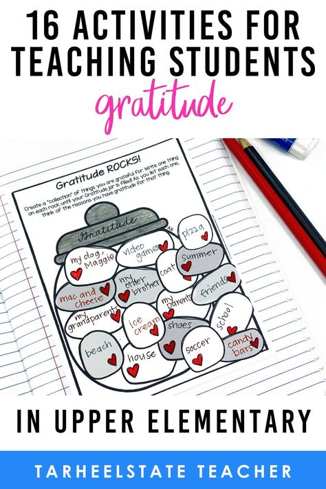 Having a grateful heart and developing an attitude of gratitude and thankfulness is truly something that can improve our world. Gratitude is not something that can only be taught to kids in November or for Thanksgiving. Students can develop their muscles of gratitude all year with these 16 activities! This list of ideas goes beyond typical gratitude activities like keeping a log or journal. Find books, videos, morning meeting lessons, and more in this blog post. #tarheelstateteacher Fall Gratitude Journal, Gratitude Lessons For Middle School, Gratitude Sel Lessons, Gratitude Lessons Elementary, Thanksgiving Counseling Activities, November Classroom Activities, Thanksgiving Gratitude Activities, Gratitude Lesson, Gratitude Activities For Kids