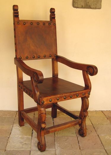 Hacienda Style leather and wood chair Hacienda Furniture, Dining Chairs Leather Seat, Adobe Style Homes, Hacienda Decor, Mexican Interior Design, Arizona Decor, Antique Rocking Chairs, Mexican Interiors, Spanish Furniture