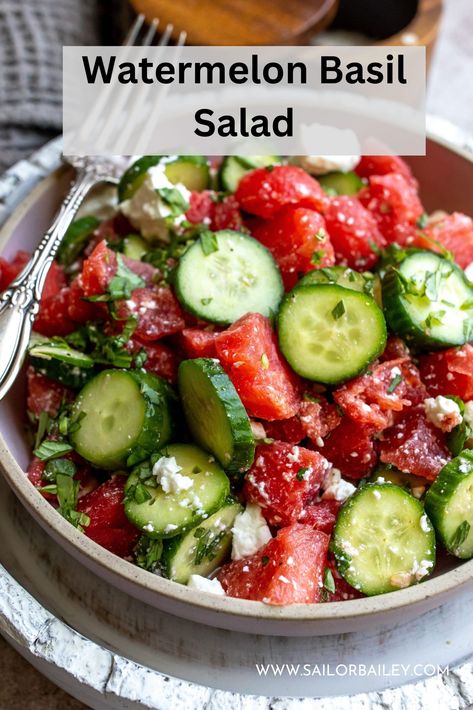 Watermelon Basil Salad Watermelon Basil Salad, Salad With Honey Lime Dressing, Summer Barbecue Food, Watermelon Basil, Sailor Bailey, Amazing Salads, Basil Salad, Cucumber Canning, Honey Lime Dressing