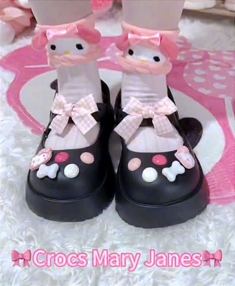 Mary Jane Crocs Outfit, Mary Jane Crocs, Crocs Mary Jane, High Heel Flip Flops, Crocs Outfit, Cute Core, Pencil Heels, Kitty Clothes, Hello Kitty Clothes